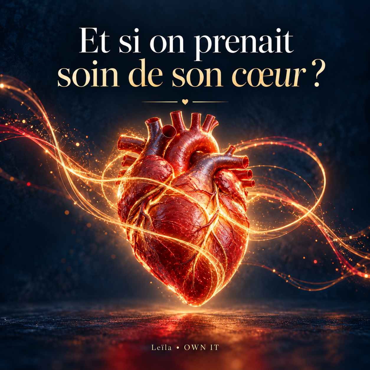 Illustration d’un cœur humain entouré de lumière dorée, avec le message Et si on prenait soin de son cœur ?