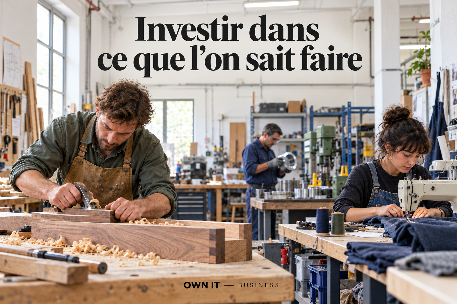 Illustration IA : un artisan travaille le bois, une couturière coud et un ouvrier inspecte une pièce dans un atelier industriel éclairé naturellement