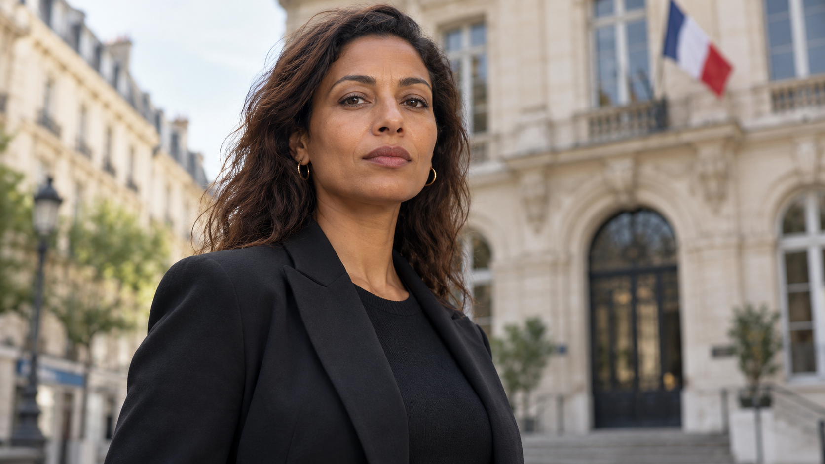 Une femme au regard déterminé devant un bâtiment avec un drapeau français
